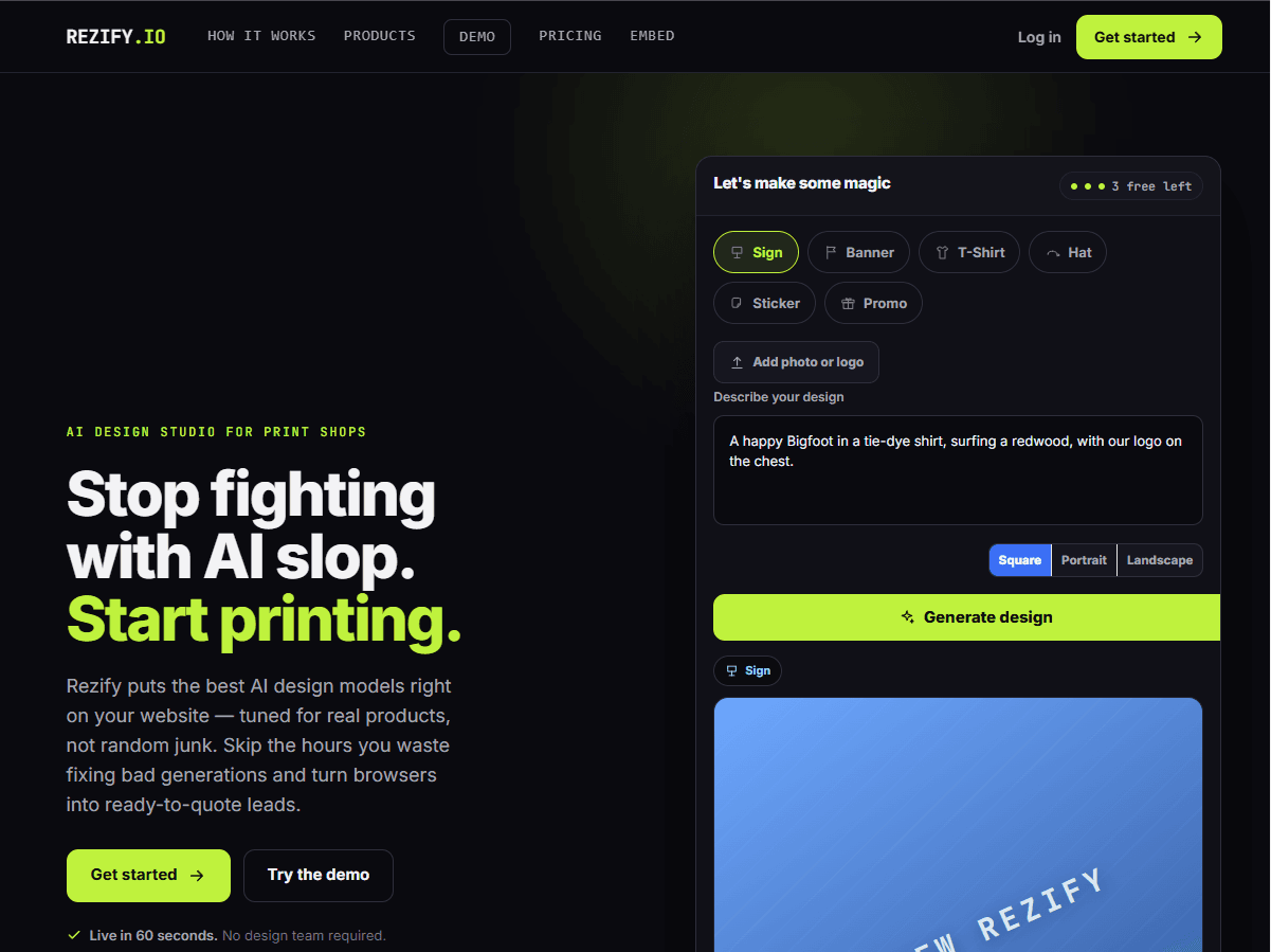 Rezify.io — AI Design Studio for Print Shops